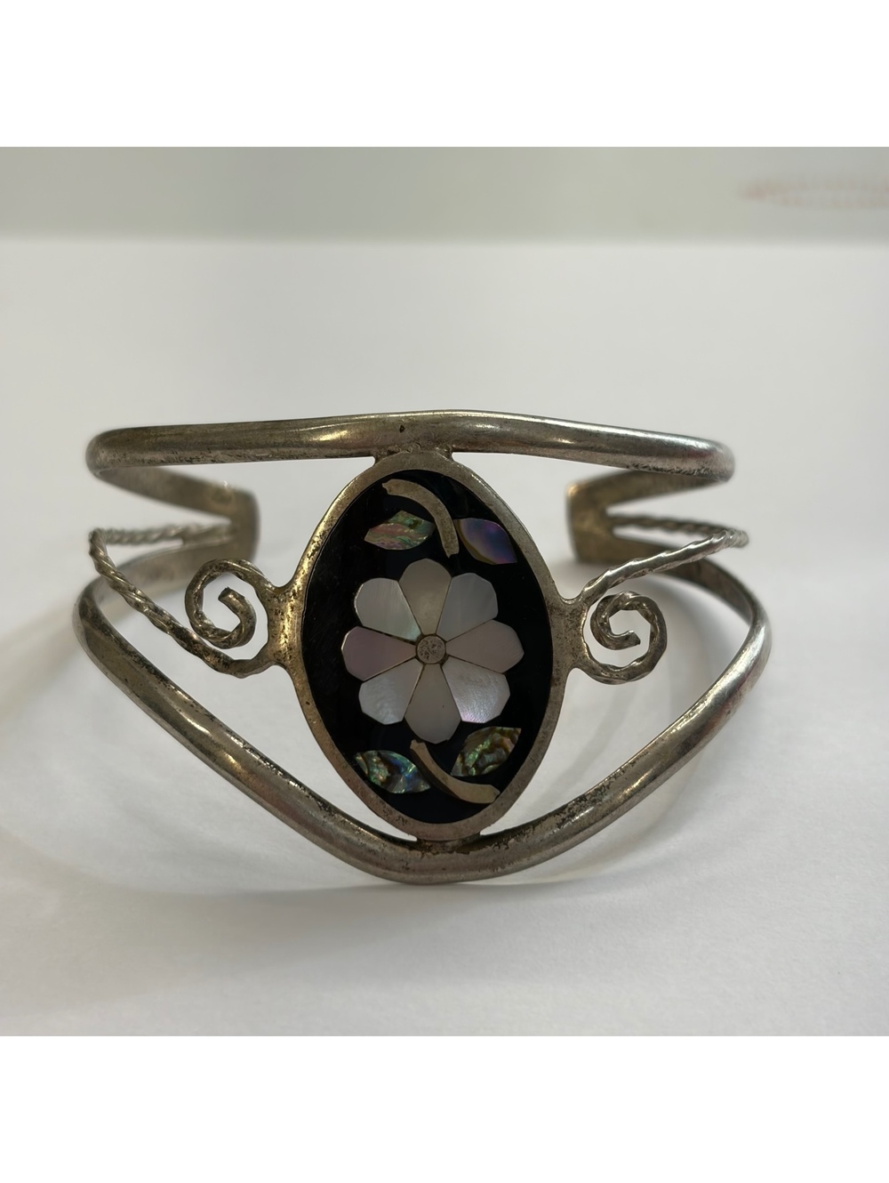 Floral mother of pearl inlay alpaca cuff vintage
